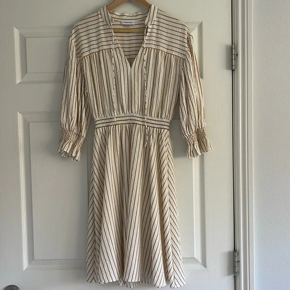 Calvin Klein | Dresses | Calvin Klein Stripe Aline Dress Goldwhite |  Poshmark
